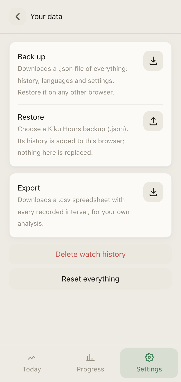 The Your data screen: back up, restore and export